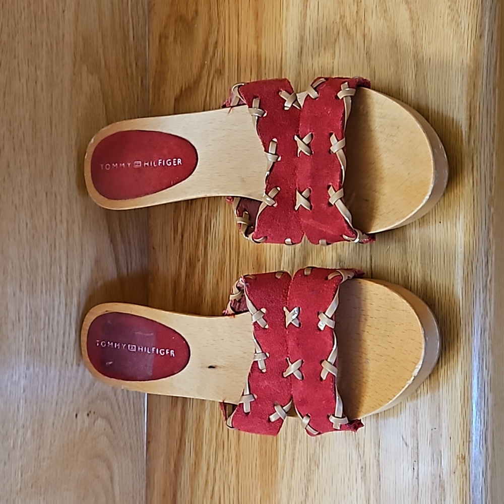 Tommy Hilfiger Red Suede Wooden Slides